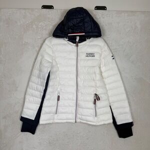 Tommy Hilfiger Womens Packable Lightweight Puffer Jacket White Navy Blue Medium
